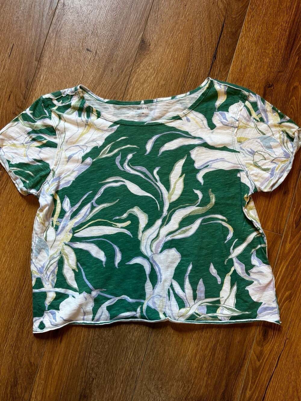Maeve Anthropologie Green Tropical Floral Print Cotton Boxy Tee